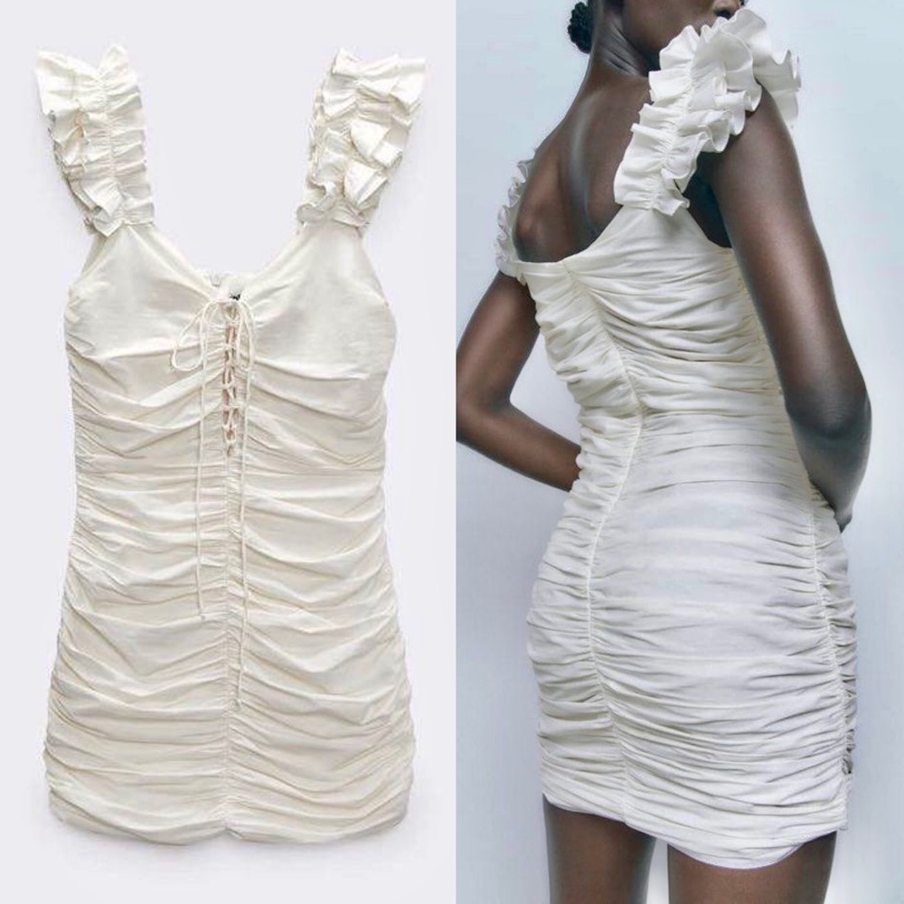 Zara Cream Ruched Mini Dress with Ruffle Straps
